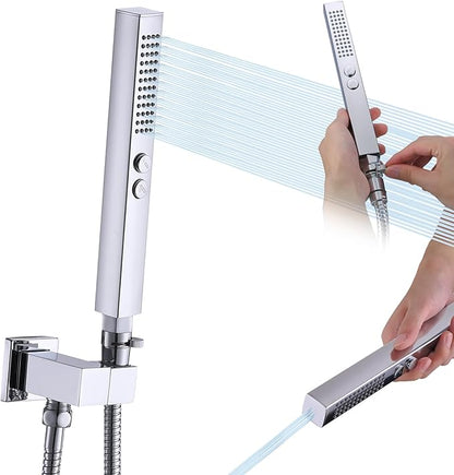 All-Metal High Pressure Square Handheld Shower Head with Jet Spray and Rainfall Modes, Volume Control Regulator, ON/OFF Switch, Hose and Wall Mounted Adjustable Bracket, Chrome