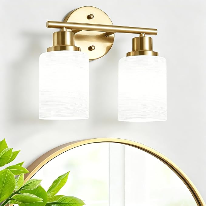 2-Light Vanity Lights, Brushed Gold Bathroom Light Fixture with Striped Textured Milky White Glass Shade, Modern Vanity Lighting Fixture for Bathroom Wall Light Over Mirror, E26 Wall Sconce