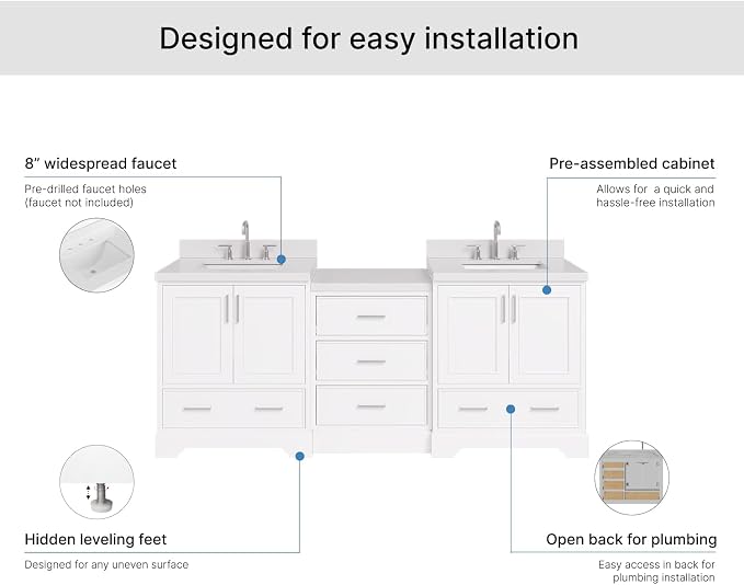 ARIEL Stafford 84-inch Bathroom Vanity with Sink,Solid Wood, 1.5in Pure White Quartz Countertop & Backsplash, Double Rectangular Porcelain Sink, 4 Soft Closing Doors, 5 Dovetail Drawers, White