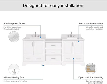 ARIEL Stafford 84-inch Bathroom Vanity with Sink,Solid Wood, 1.5in Pure White Quartz Countertop & Backsplash, Double Rectangular Porcelain Sink, 4 Soft Closing Doors, 5 Dovetail Drawers, White