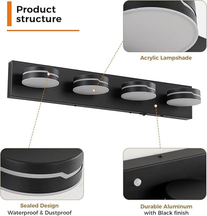 26In Motion Sensor Vanity Light, Matte Black 3CCT 4-Light Modern LED Bathroom Lighting Fixtures Over Mirror, Dimmable Rotatable Head Wall Sconce, 3000K-6000K Color Selectable
