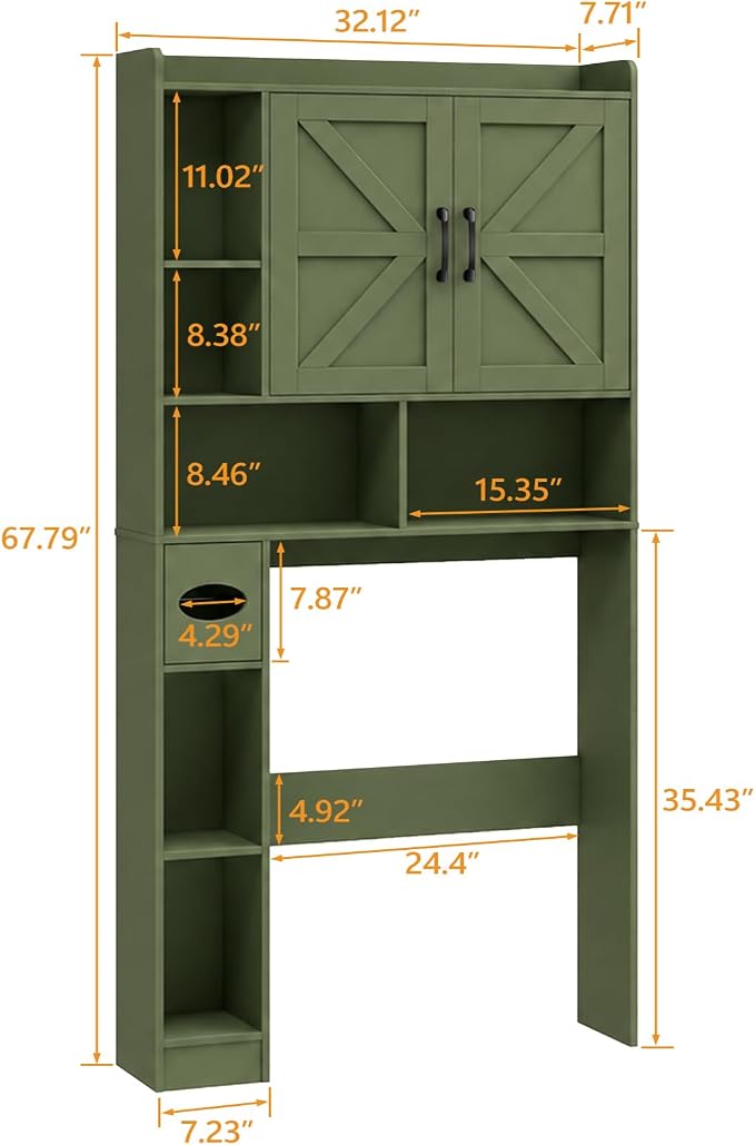 Vabches Over The Toilet Storage Cabinet with 2 Barn Doors, Green | Farmhouse Storage Cabinet with Toilet Paper Holder Stand，Home Space-Saving Toilet Rack, for Bathroom, Restroom, Laundry