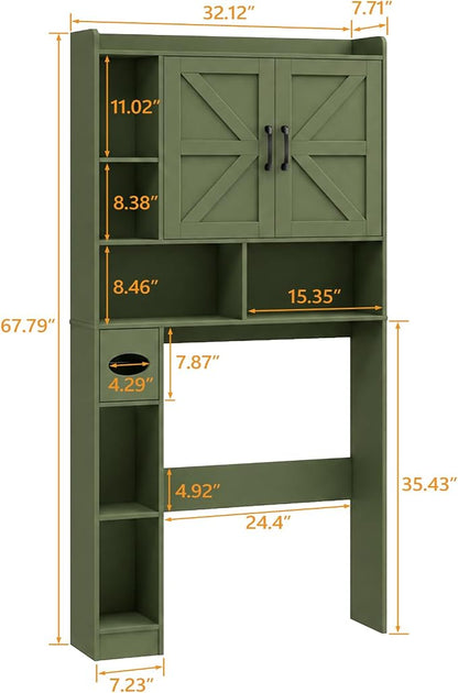 Vabches Over The Toilet Storage Cabinet with 2 Barn Doors, Green | Farmhouse Storage Cabinet with Toilet Paper Holder Stand，Home Space-Saving Toilet Rack, for Bathroom, Restroom, Laundry