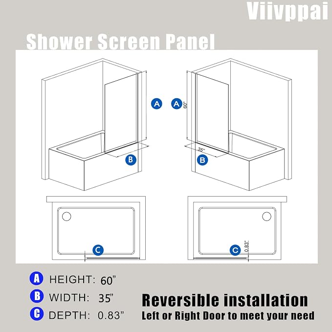 Bathtub Shower Screen 35" x 60" Shower Tub Wall Panel Matte Black | Tempered Glass 3/8 inch, Half Frameless Shower Wall Panel, Easy to clean Coating, Fixed Glass Shower Door With Hardware
