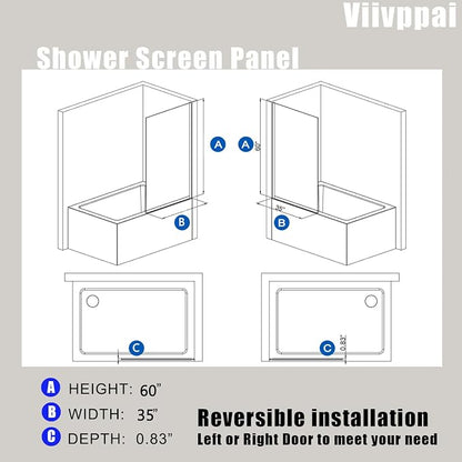 Bathtub Shower Screen 35" x 60" Shower Tub Wall Panel Matte Black | Tempered Glass 3/8 inch, Half Frameless Shower Wall Panel, Easy to clean Coating, Fixed Glass Shower Door With Hardware