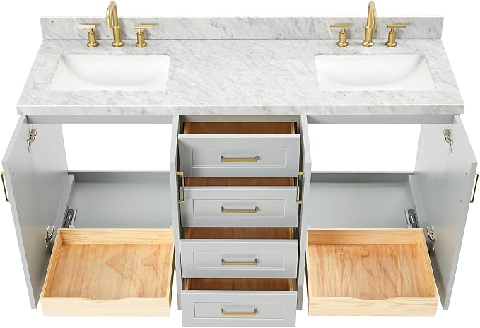 Emilia 66-Inch Grey Double Bathroom Vanity, 1.5-Inch Edge Italian Carrara Marble Countertop & Splash, Rectangular Sinks, 4 Soft-Closing Doors, 6 Dovetail Drawers, Toe Kick, Satin Brass