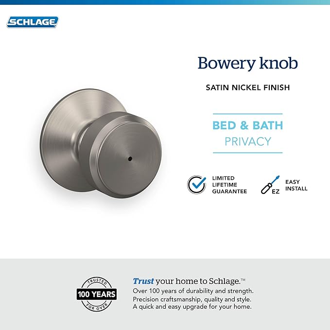 Schlage F40 BWE 619 Bowery Door Knob, Bed & Bath Privacy Lock, Satin Nickel