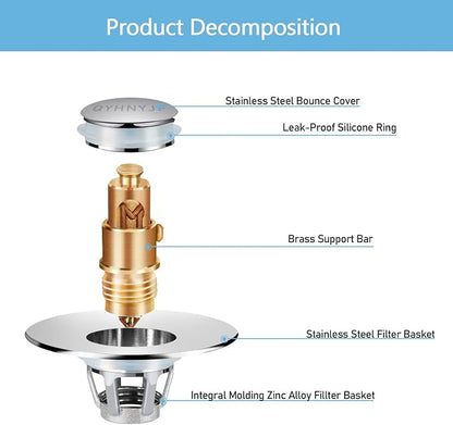 QYHNYJF Bathroom Sink Stopper with Hair Catcher – Universal Pop-Up Drain Strainer for 1.1–1.5 inch US Standard Sink Drain Holes, Includes 3 Sets of Silicone Gaskets