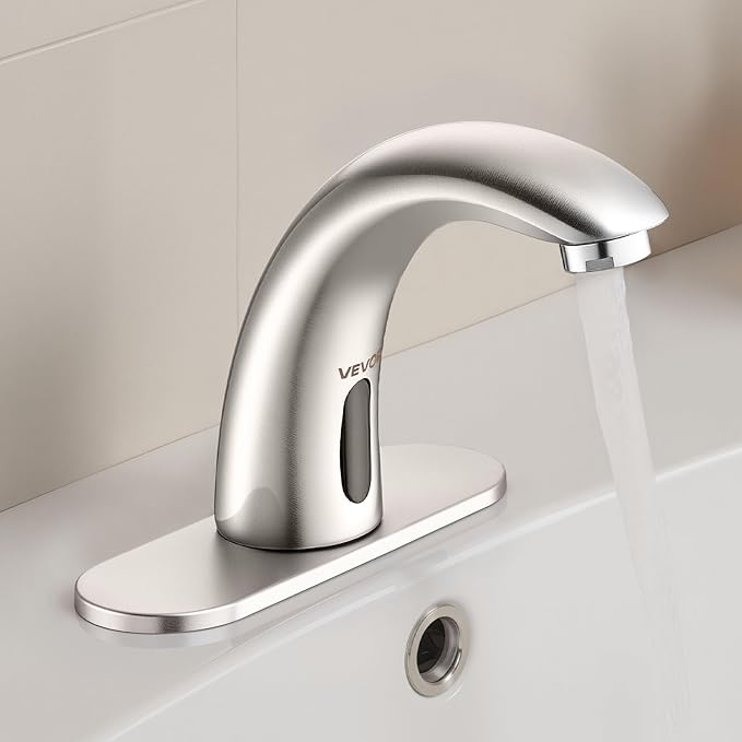 VEVOR Touchless Bathroom Sink Faucet, Automatic Motion Sensor Restroom Toilet Faucet with Hole Cover Plate, Battery Operated,Adjustable Temp for 9/16 in Pipe Commercial Lavatory,Brushed Nickel Silver