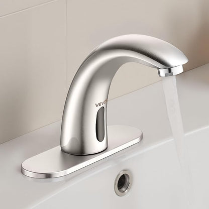 VEVOR Touchless Bathroom Sink Faucet, Automatic Motion Sensor Restroom Toilet Faucet with Hole Cover Plate, Battery Operated,Adjustable Temp for 9/16 in Pipe Commercial Lavatory,Brushed Nickel Silver