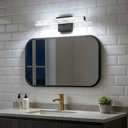 Modern LED Bathroom Vanity Light Fixtures, 16-Inch Black Wall Sconce with Iceberg Crackle Acrylic, Linear Bathroom Lighting Over Mirror Cabinet, Non-Dimmable 110V Wall Mount Lamp for Restroom