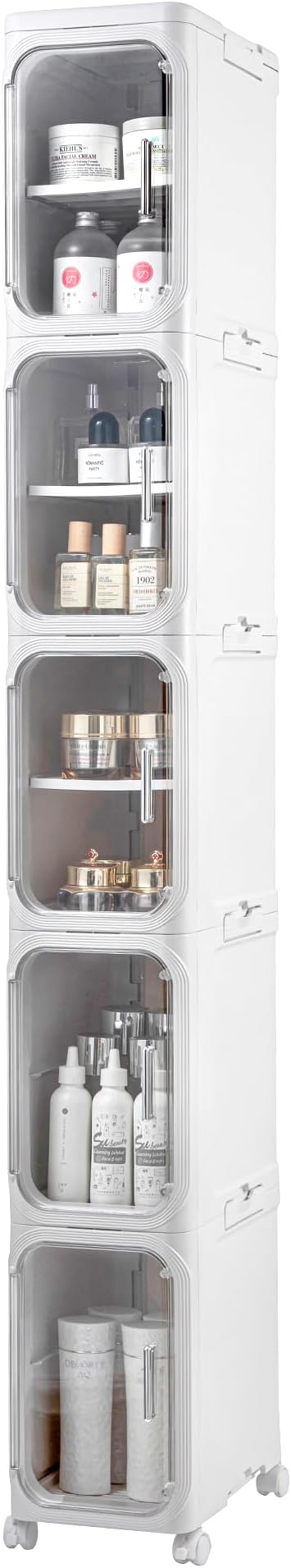 5-Tier Plastic Tall Narrow Storage Cabinet with Adjustable Shelves and Movable Wheels, Magnetic Doors, Slim Bathroom Storage for Small Space, Bathroom, Kitchen, White