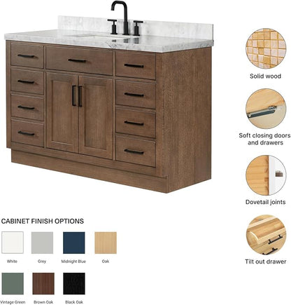 DKB Isabella 54-Inch Brown Oak Single Bathroom Vanity with Sink, 1.5-Inch Edge Italian Carrara Marble Countertop & 4" Backsplash, Soft-Closing Doors & Drawers, Solid Oak Wood Construction
