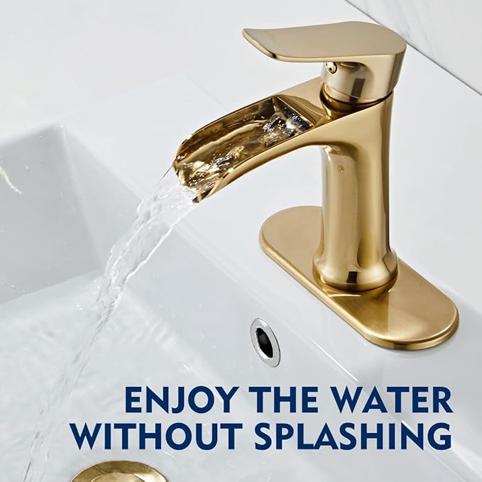 Brushed Gold Bathroom Faucet Yundoom Waterfall Single Hole Single Handle Bathroom Sink Faucet with Pop Up Drain bath05
