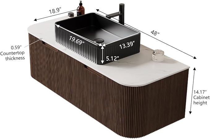 48'' Bathroom Vanities Cabinet with Sink, Wall Mounted Floating Cabinet W/Curved Edges Stripes, Oak Plywood, Soft-Close System with 2 Drawer, Black Rectangular Ceramic Basin - Kiel, Dark Walnut/B