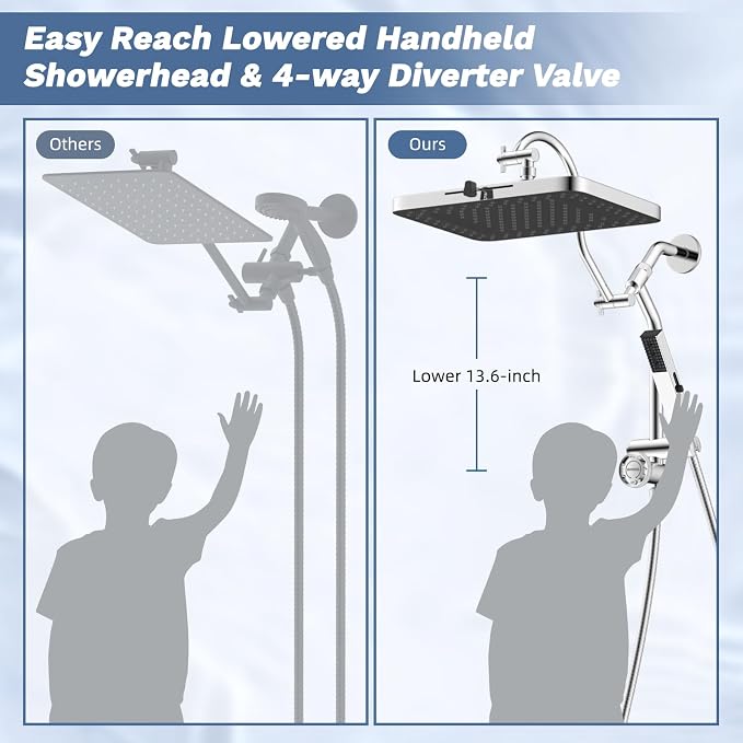 Hibbent 5-Mode 13" Rain Shower head, 4-Spray Metal Handheld Shower, Chrome | cUPC Certified High Pressure Showerhead Combo, All Metal 4-way Diverter with Extension Arm, 71'' Hose & Easy Reach Holder