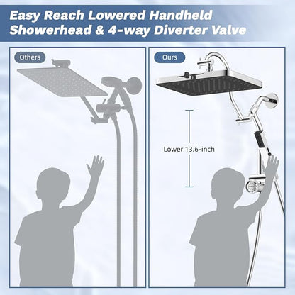 Hibbent 5-Mode 13" Rain Shower head, 4-Spray Metal Handheld Shower, Chrome | cUPC Certified High Pressure Showerhead Combo, All Metal 4-way Diverter with Extension Arm, 71'' Hose & Easy Reach Holder