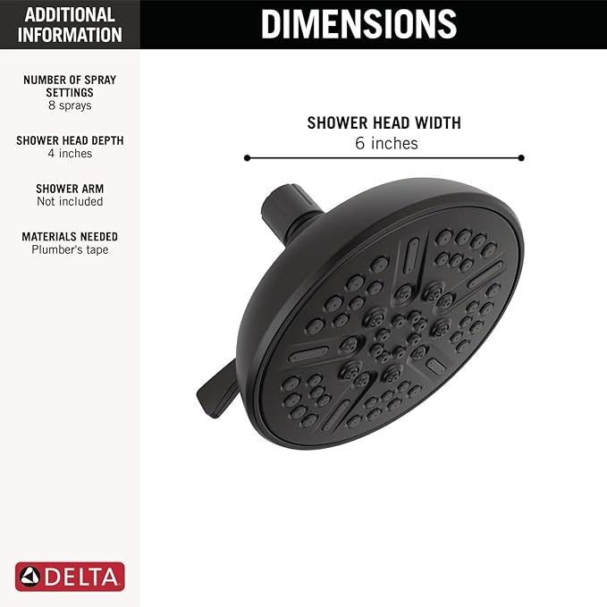 Delta Faucet 8-Spray Touch-Clean Matte Black Shower Head, Delta Shower Heads, Showerhead, Shower Head Black, 2.5 GPM Water Flow, Matte Black 75898BL