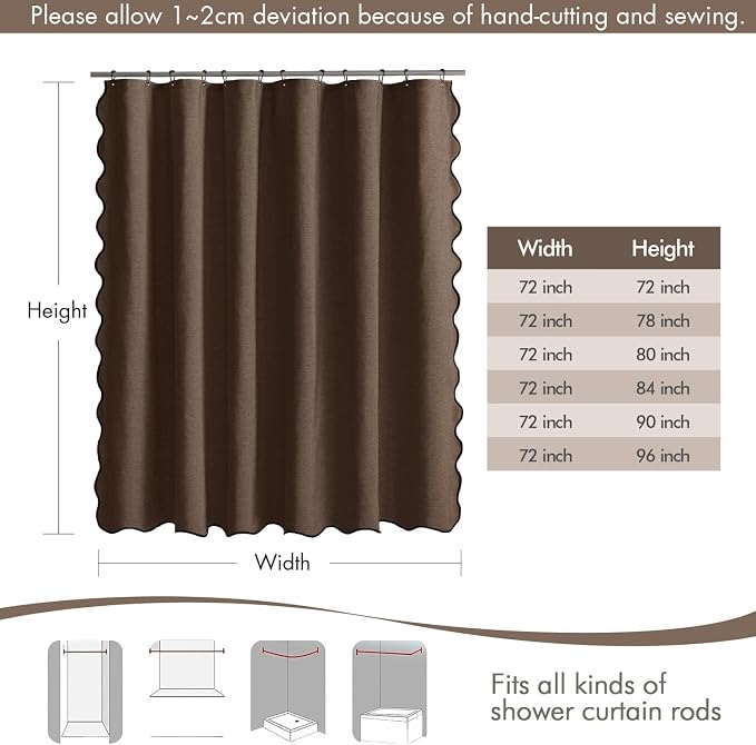 MIULEE 72"x90" Extra Long Scalloped Linen Shower Curtain Brown | Linen Textured, Waterproof, Washable, 12 Metal Hooks, Heavy Duty Cloth, Black Border, Shower Curtain for Bathroom Bathtub