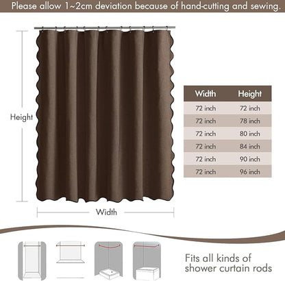MIULEE 72"x90" Extra Long Scalloped Linen Shower Curtain Brown | Linen Textured, Waterproof, Washable, 12 Metal Hooks, Heavy Duty Cloth, Black Border, Shower Curtain for Bathroom Bathtub