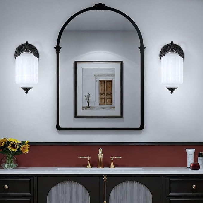 Vintage Gold Milk Glass Wall Sconce - Vintage White Shade & Brass Finish Base - Indoor Hardwired Wall Lighting Fixture for Living Room, Bedroom, Hallway, Entryway (Bulbs Included)- White