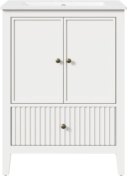 RoyalCraft 24'' Bathroom Vanity with Ceramic Sink Combo Set, Modern Wood Bathroom Cabinet with Soft Closing Doors and Fluted Drawer, Free Standing Storage Cabinet, White