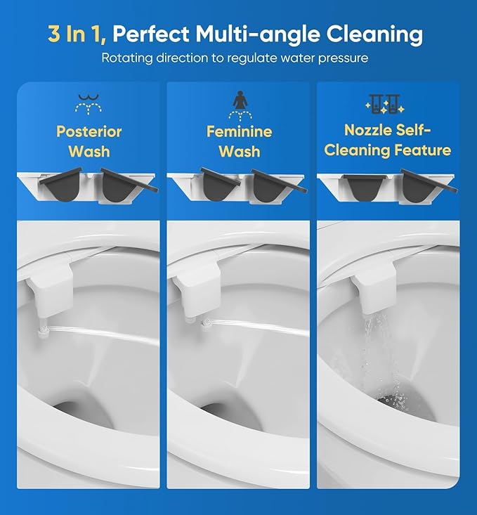 Ultra-Slim 3-in1 Bidet, Self-Cleaning, Posterior&Feminine Wash-(Retractable Dual Nozzles), Non-Electric Bidet Attachment, Adjustable Fresh Cold Water Pressure, Stainless Steel Inlet（2PCS）