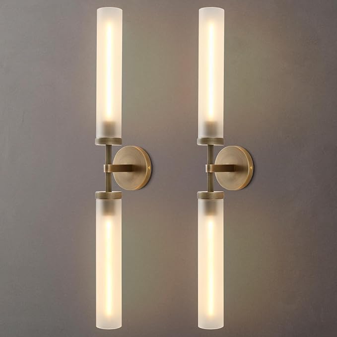 30" 2 Lights Hardwired Frosted Glass 2 PC Bathroom Wall Sconces, Handmade Knurled Brass Wall Light Fixture,Modern Vanity Light for Living Room,Hallway, Bedroom, Indoor Sconces