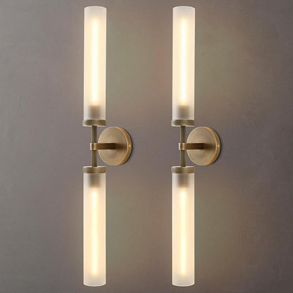 30" 2 Lights Hardwired Frosted Glass 2 PC Bathroom Wall Sconces, Handmade Knurled Brass Wall Light Fixture,Modern Vanity Light for Living Room,Hallway, Bedroom, Indoor Sconces