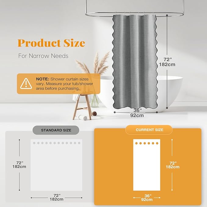 BTTN Boho Stall Shower Curtain, Small Scalloped Linen Textured Heavy Duty Fabric Shower Curtain Set with 6 Hooks, Half Modern Neutral Waterproof Washable Shower Curtain for Bathroom, 36x72, Grey/Gray
