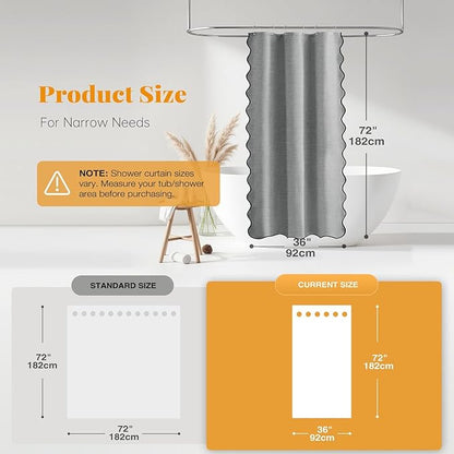 BTTN Boho Stall Shower Curtain, Small Scalloped Linen Textured Heavy Duty Fabric Shower Curtain Set with 6 Hooks, Half Modern Neutral Waterproof Washable Shower Curtain for Bathroom, 36x72, Grey/Gray