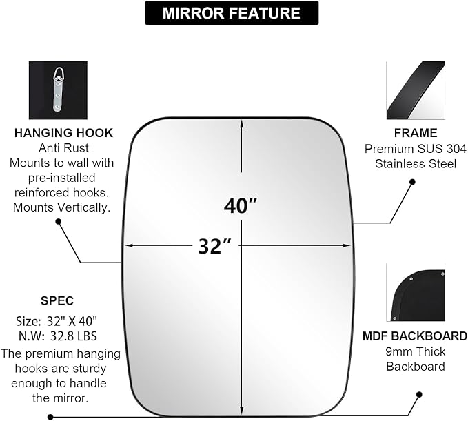 Black Oblong Mirror, 32x40 Inch Black Oval Mirror for Bathroom with Stainless Steel Metal Frame, Wall Mouned for Bathroom, Living Room, Entryway
