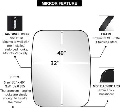 Black Oblong Mirror, 32x40 Inch Black Oval Mirror for Bathroom with Stainless Steel Metal Frame, Wall Mouned for Bathroom, Living Room, Entryway
