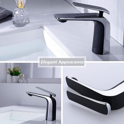 TOCALOCA Matte Black and Polished Chrome Bathroom Basin Faucet, Premium Brass One Hole Lavatory Vanity Sink Faucet Single Handle, Contemporary Bathroom Single Lever Mixer Tap Black and Sliver