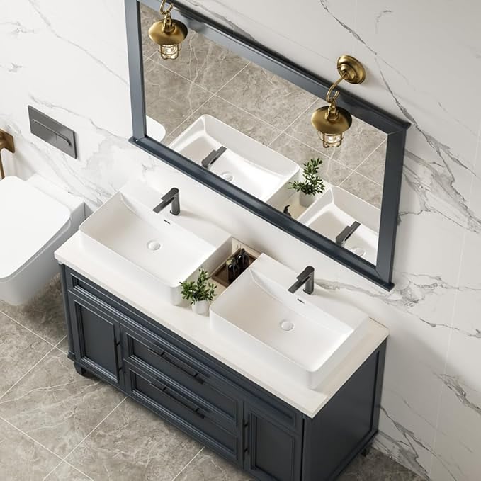 24" White Rectangular Ceramic Vessel Sink Bath Wall Mount/Above Counter | KINGWONG High-temp porcelain resists stains & thermal shock. Overflow hole. Easy Clean Glossy Finish for Master Bathroom