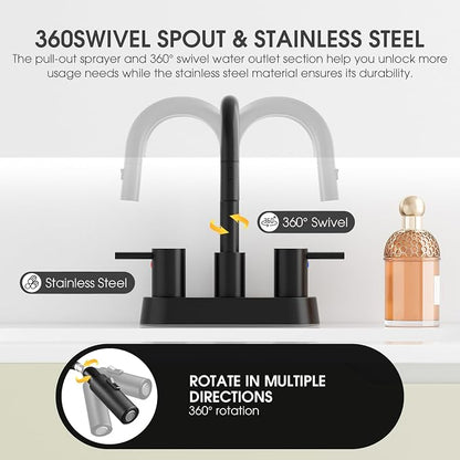 Stainless Steel Matte Black Bathroom Faucet with Pull Out Sprayer, Black Dual-Function Spout Bathroom Sink Faucet, 4 Inch Two Handle Utility Sink Faucet with Sprayer 3 Hole, Pet Shower, RVs