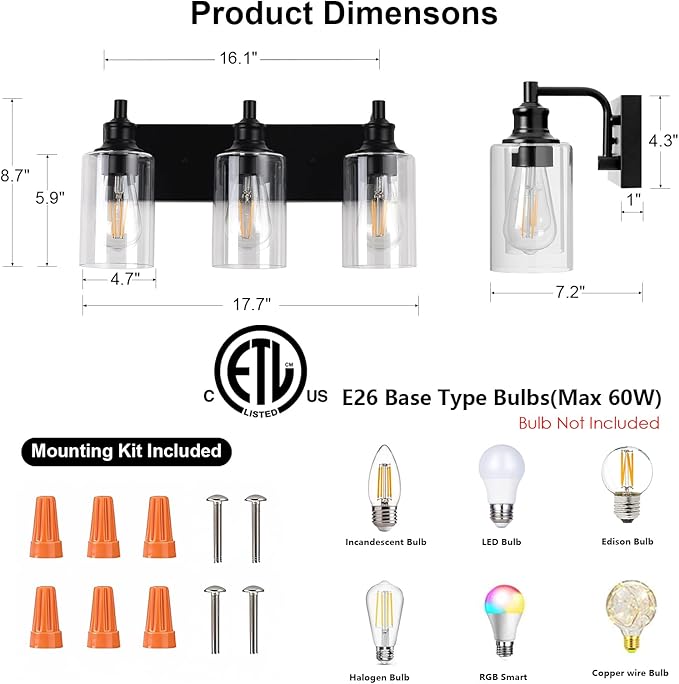 3-Light Bathroom Light Fixtures Modern Black Vanity Lights for Bathroom Lighting Fixtures Over Mirror for Cabinet Mirror Bedroom Hallway