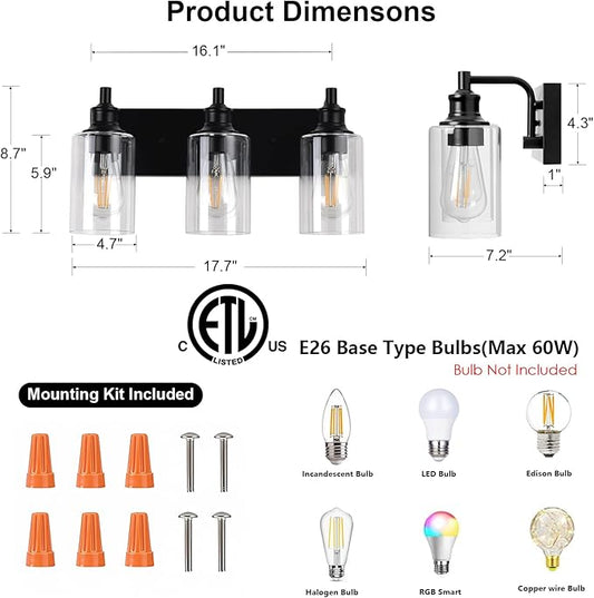 3-Light Bathroom Light Fixtures Modern Black Vanity Lights for Bathroom Lighting Fixtures Over Mirror for Cabinet Mirror Bedroom Hallway