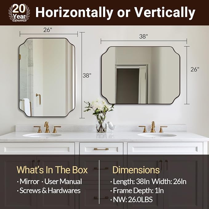 Brushed Bronze Scalloped Mirror, 26"x38" Bathroom Vanity Mirror, Antique Scalloped Mirror in Premium Stainless Steel Frame, Timeless Shape with Unique Flair, Hangs Vertically/Horizontally