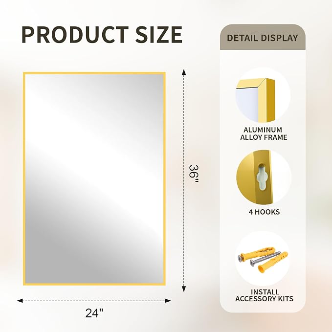 FICTOR Bathroom Vanity Mirror for Over Sink, 24" x 36", Gold | Anti-Rust Frame, Shatterproof Tempered Glass, Vertical/Horizontal Wall Mounted Mirror for Bedroom, Entryway, Living Room