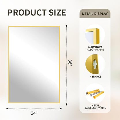 FICTOR Bathroom Vanity Mirror for Over Sink, 24" x 36", Gold | Anti-Rust Frame, Shatterproof Tempered Glass, Vertical/Horizontal Wall Mounted Mirror for Bedroom, Entryway, Living Room