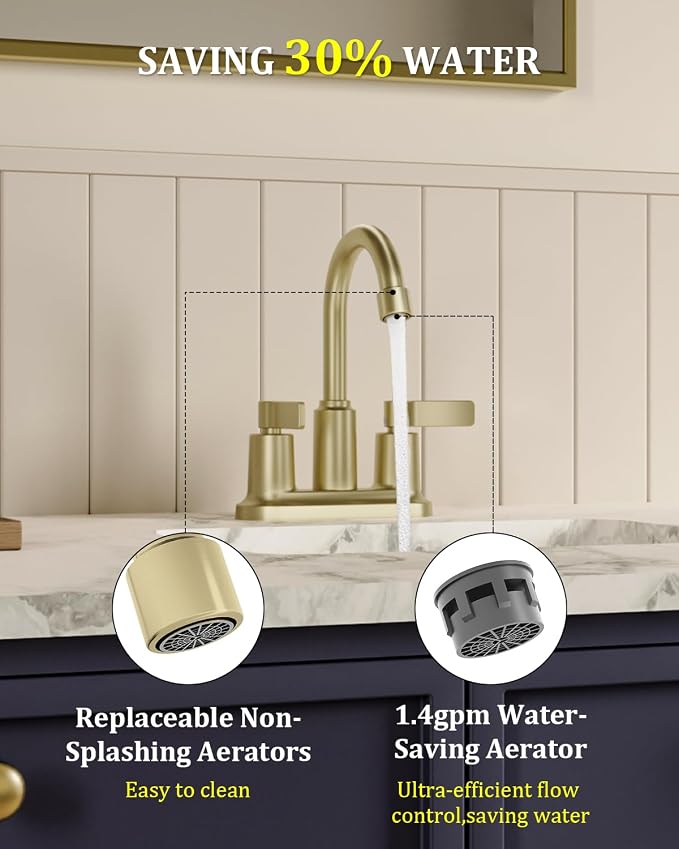 Brushed Gold Bathroom Sink Faucet 3 Hole 4 Inch Centerset Bathroom Faucets | Faucet for Bathroom Sink with Pop Up Drain and 2 Supply Hoses 2 Handle Bathroom Faucet for Sink Vanity RV Evolvegoods
