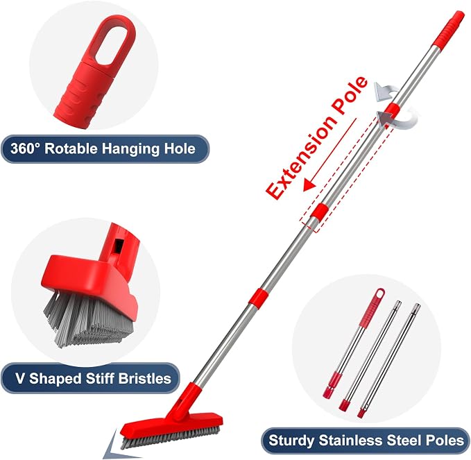 2 Pack Grout Brush with Long Handle, Swivel Cleaning Grout Line Scrubber - Extendable Durable Handle Grout Cleaner Brush for Bathroom,Tile,Baseboard,Walk in Shower,Corner & Narrow Space (Red)