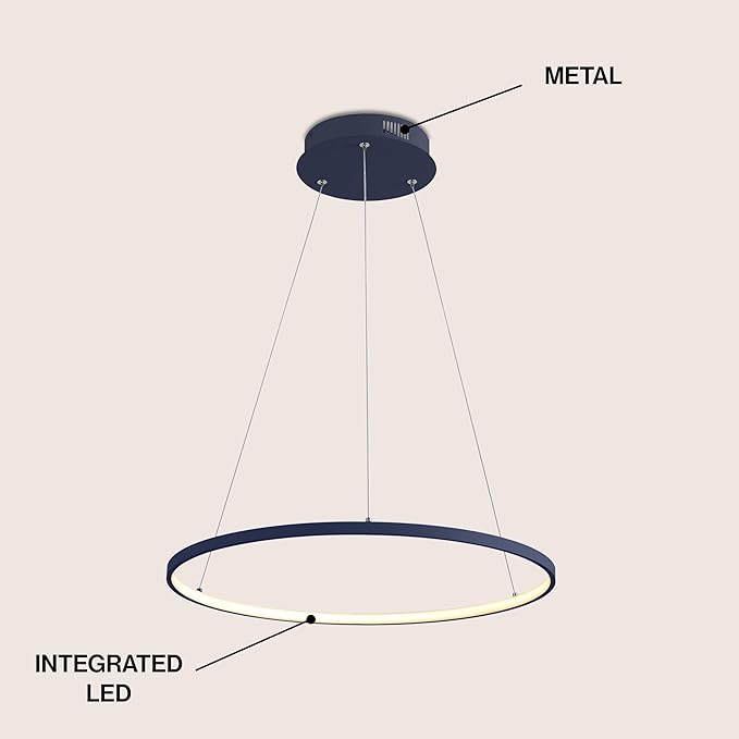 JONATHAN Y 23.75" Navy Modern Integrated LED Pendant Light, Dimmable Round Hoop Chandelier for Kitchen Island, Dining Room, Adjustable Height Metal Hanging Light (JYL7203F)