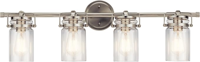 Kichler Brinley 4-Light Farmhouse Vanity Light, Brushed Nickel | Modern farmhouse vanity light with clear glass for bathroom mirrors (32.25" x 10"), 45690NI