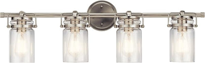 Kichler Brinley 4-Light Farmhouse Vanity Light, Brushed Nickel | Modern farmhouse vanity light with clear glass for bathroom mirrors (32.25" x 10"), 45690NI