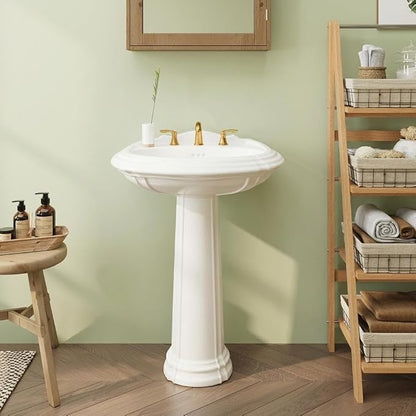 26"W x 20"D U-Shape Pedestal Sink, White Ceramic Pedestal Bathroom Sink with Overflow and 3 Pre-Drilled Holes, Modern Bath Pedestal Sink Combo