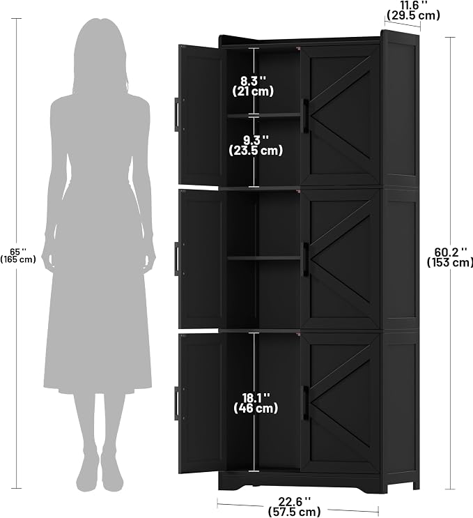 Akxomel Tall Bathroom Floor Cabinet with 6 Barn Door 60.2''H Pantry Black | 11.6''D x 22.6''W Linen Storage Cabinet with Adjustable Shelves, for Kitchen, Living Room, Entryway
