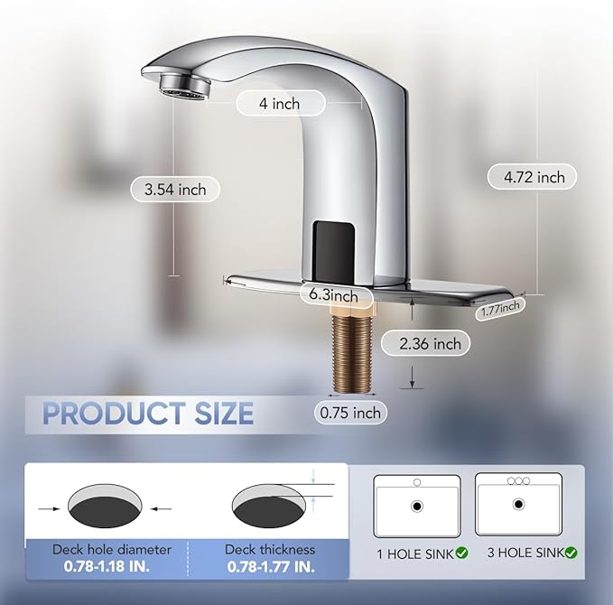 Automatic Touchless Bathroom Sink Faucet Sensor Motion Activated Commercial Faucets Hands Free Infrared Residential Elegant Basin Tap with Deck Plate Water Mixer Valve Control Box (Chrome)
