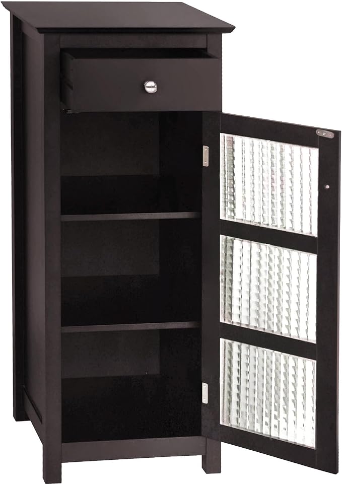Teamson Home Chesterfield Freestanding Floor Cabinet with Drawer and Waffle Glass Panel, Espresso | Waffle Glass Door, Drawer